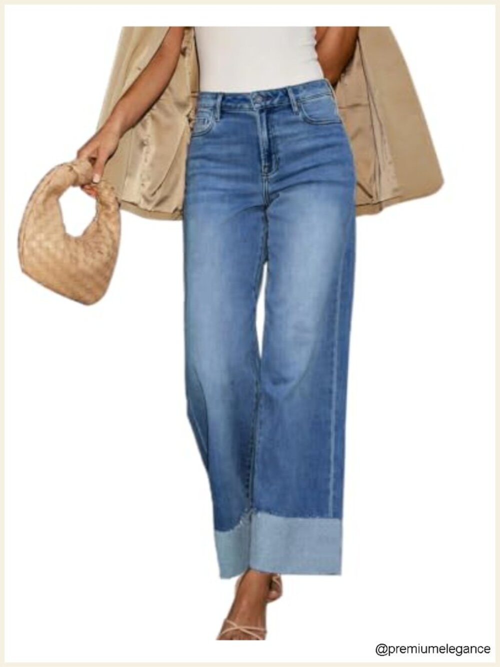 High Waisted Wide Leg Cuffed Jeans for Women Frayed Raw Hem Denim Pants